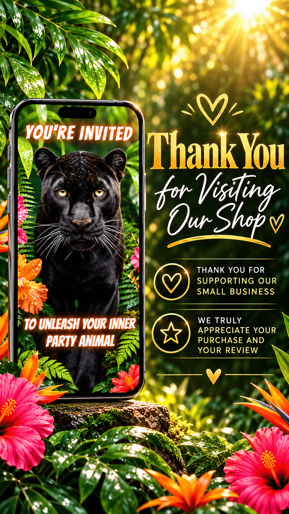 Jungle Panther Birthday Video Invitation featuring a majestic black panther surrounded by tropical foliage and flowers.