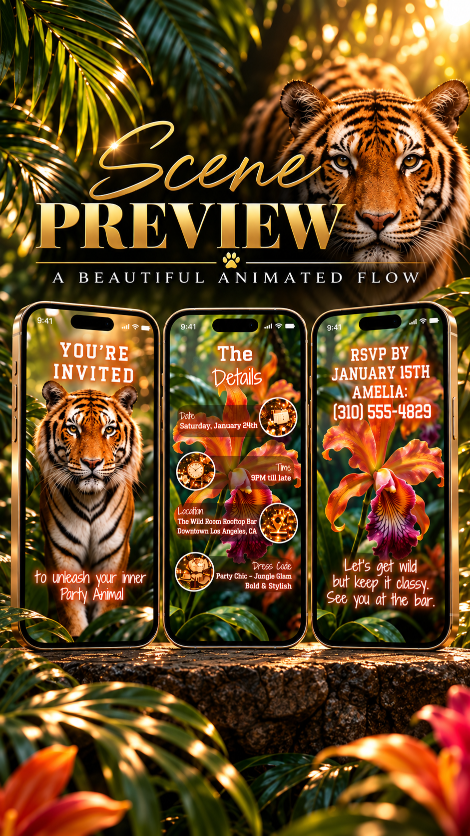 Tiger Jungle Birthday Video Invitation preview featuring vibrant jungle elements and striking tiger imagery.