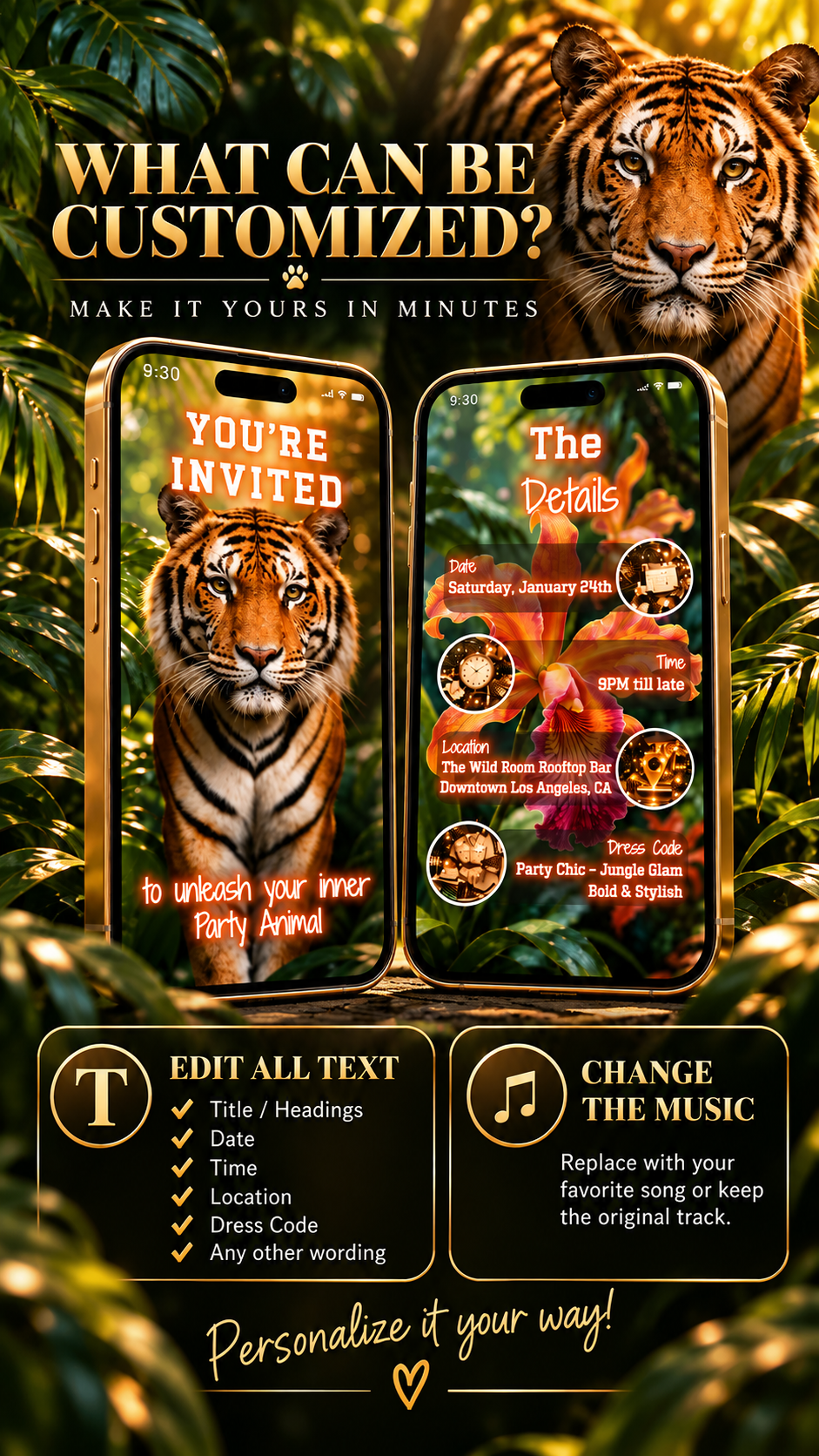 Tiger Jungle Birthday Video Invitation showcasing customizable details with a striking tiger and jungle background.
