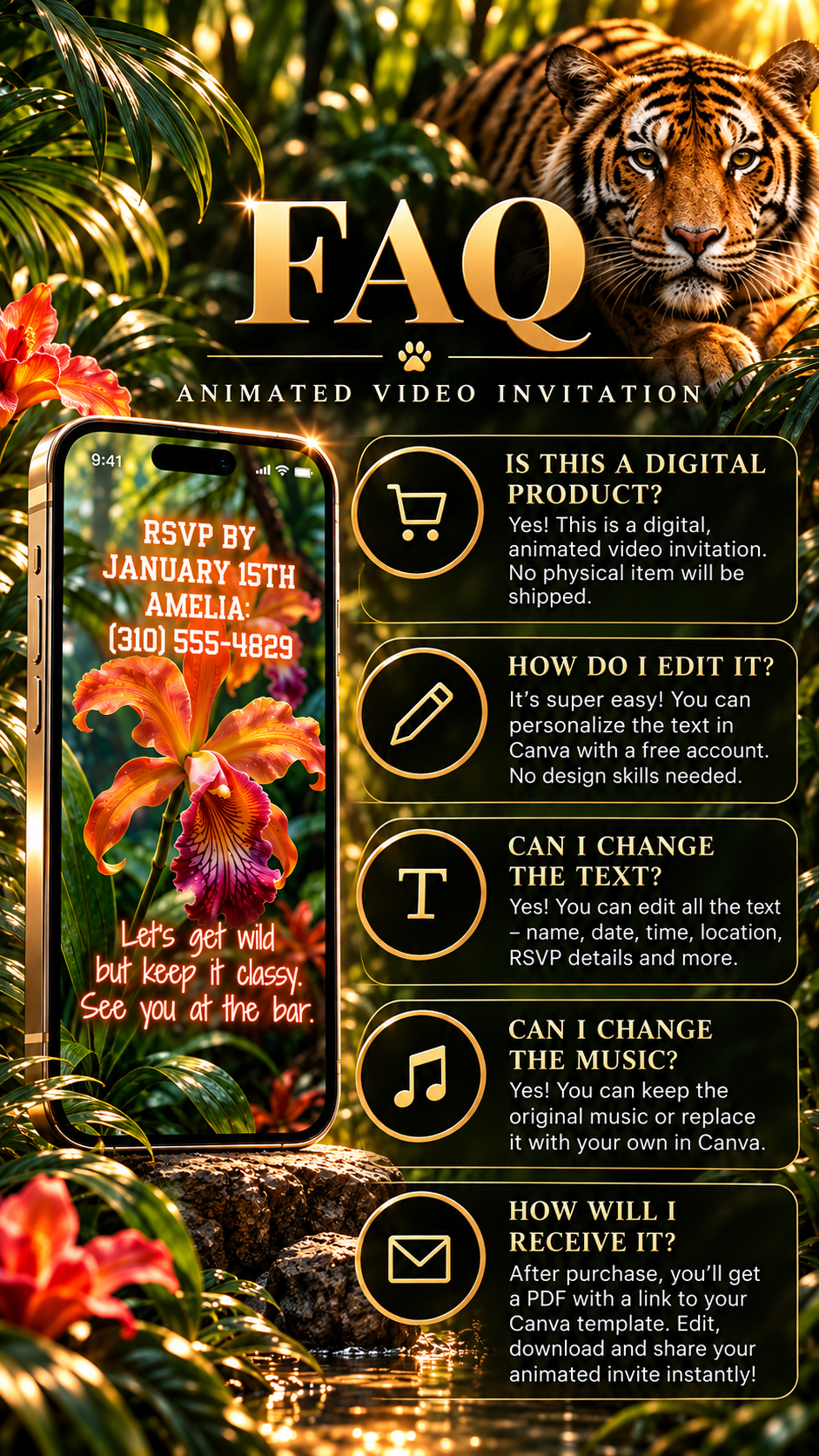 Tiger Jungle Birthday Video Invitation FAQ with tiger imagery and tropical flowers for a stylish birthday celebration.