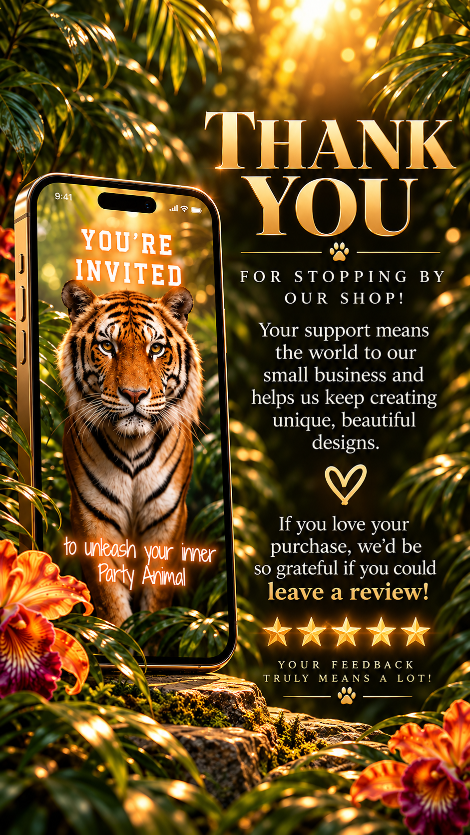 Tiger Jungle Birthday Video Invitation showcasing a tiger on a phone with tropical flowers and a thank you message.