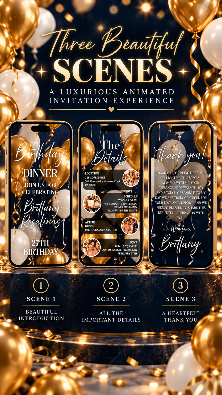Navy and Gold Birthday Video Invitation showcasing three scenes of a luxurious animated experience with balloons.