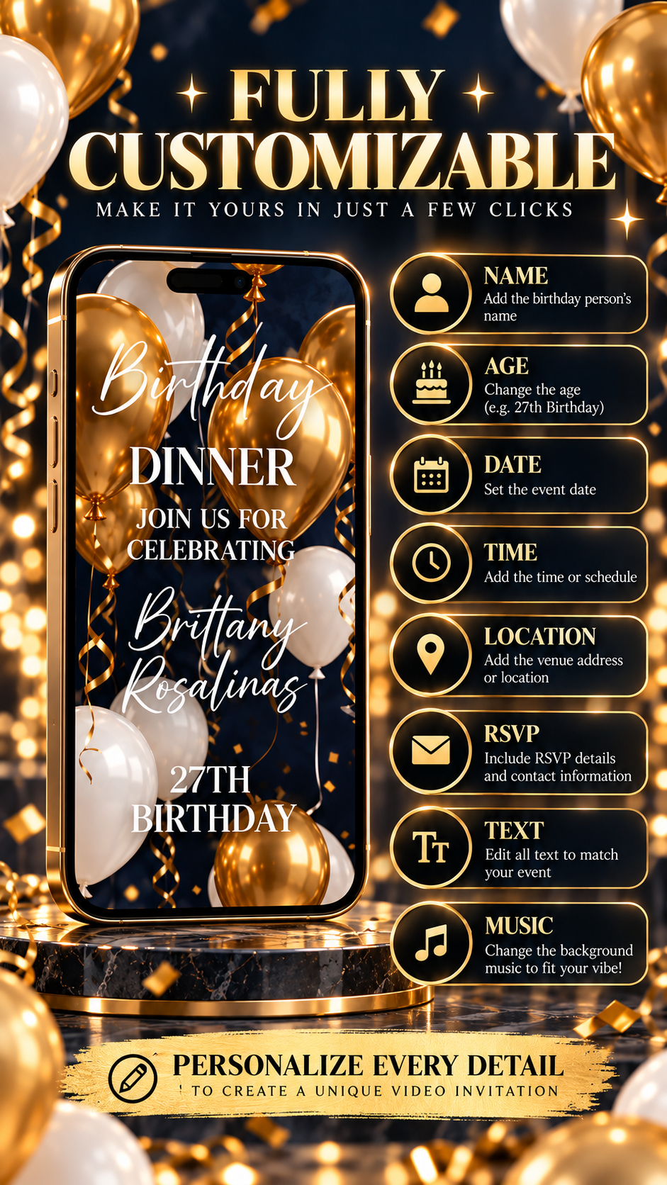 Navy and Gold Birthday Video Invitation featuring customizable details with elegant balloons and a dark background.