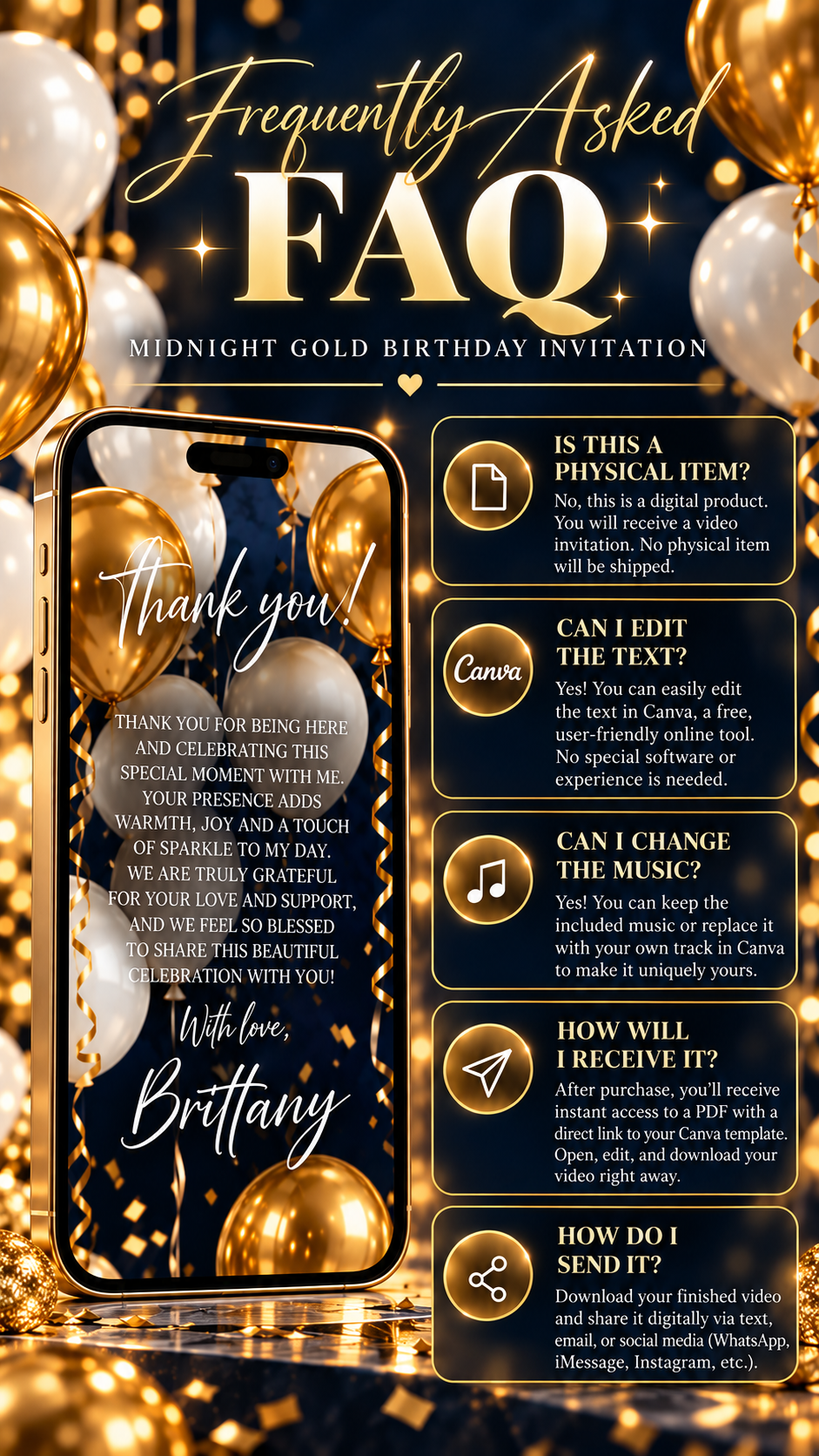 Navy and Gold Birthday Video Invitation FAQ image with gold balloons and midnight blue background.