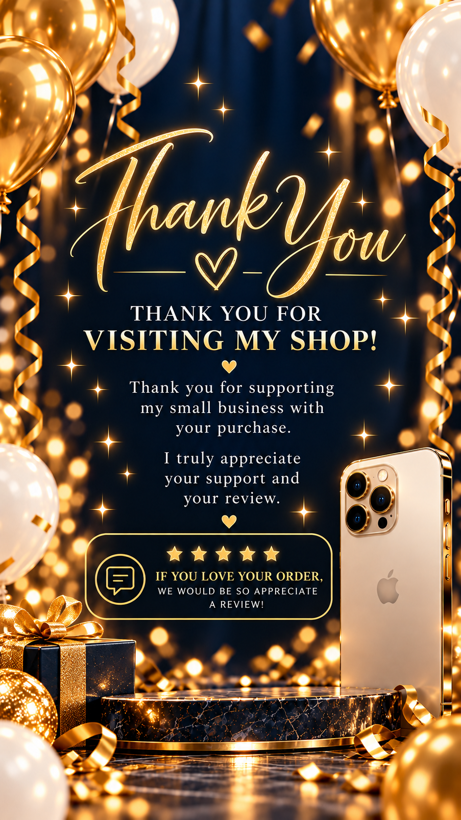 Navy and Gold Birthday Video Invitation. Thank You card with gold balloons and decorations expressing gratitude for shopping and supporting small businesses.