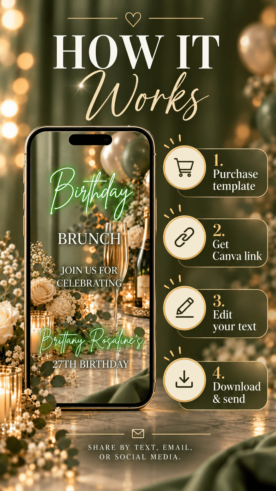 Green Birthday Brunch Video Invitationshowcasing template steps for elegant celebrations on mobile.
