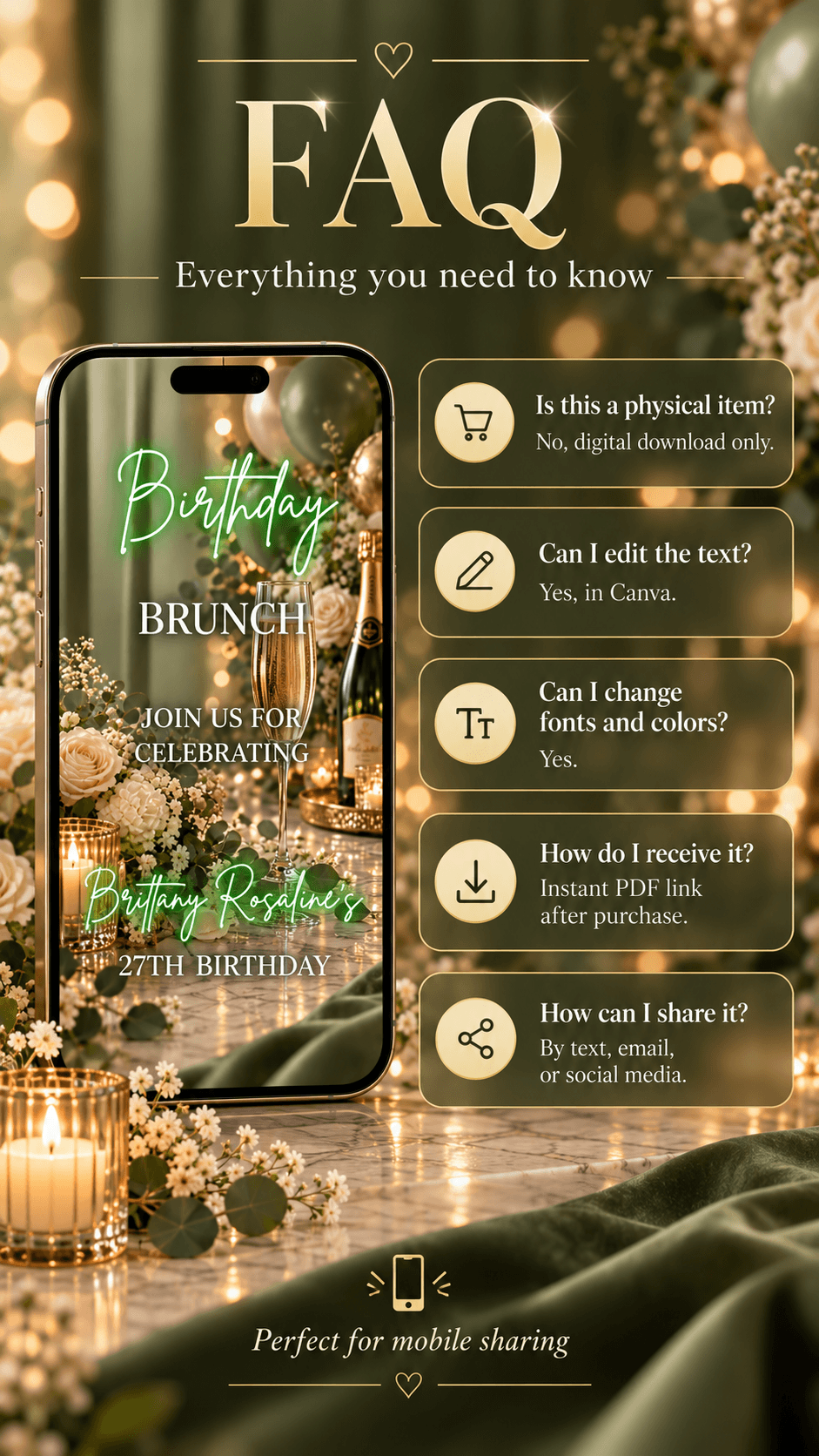 Green Birthday Brunch Video InvitationFAQ with elegant details and mobile-friendly design.