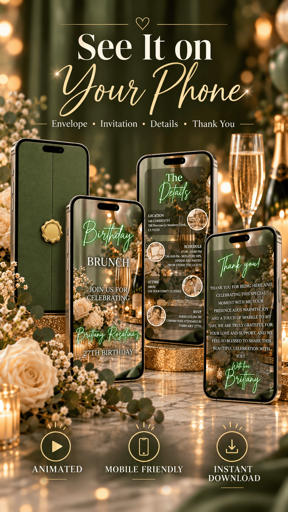 Green Birthday Brunch Video Invitationdisplayed on mobile devices with elegant design and gold accents.