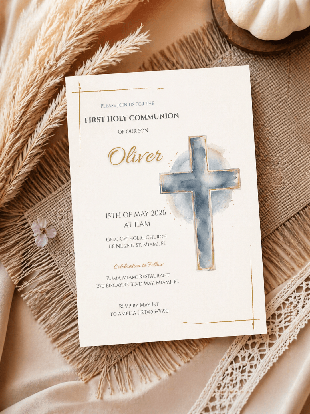 First Communion Invitation Printable featuring a cross design and event details for a boy named Oliver.