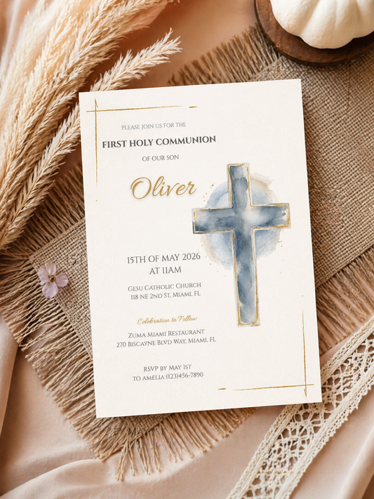 First Communion Invitation Printable featuring a cross design and event details for a boy named Oliver.