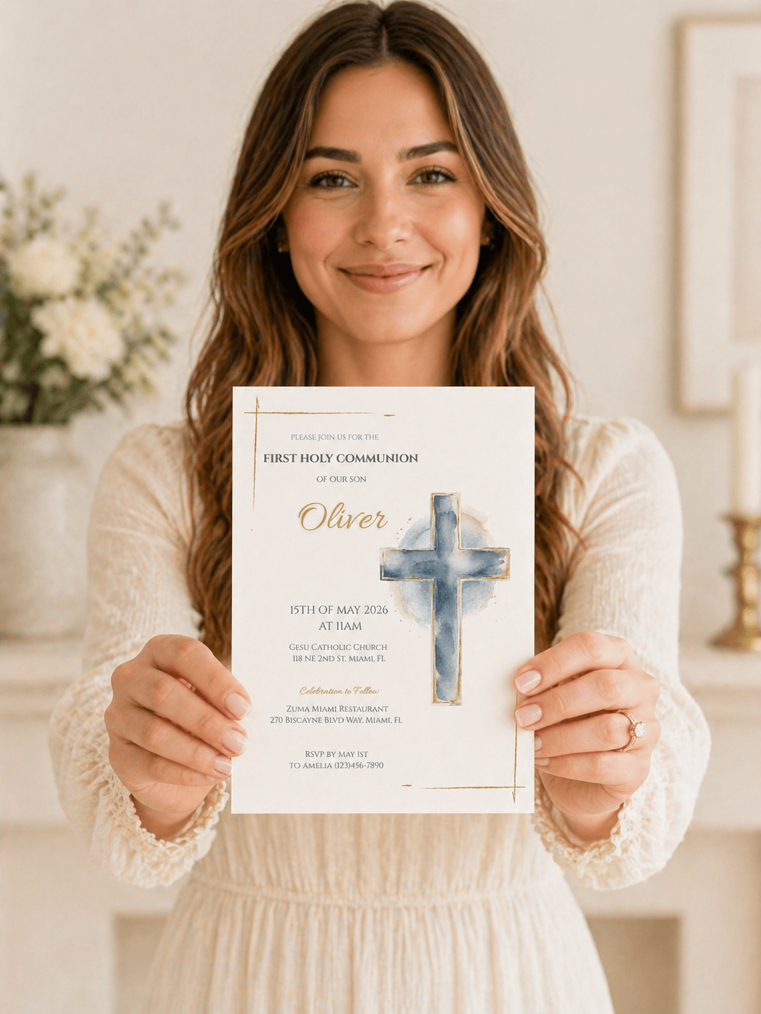 A woman holding a First Communion Invitation Printable featuring a blue cross design and details for a church event.
