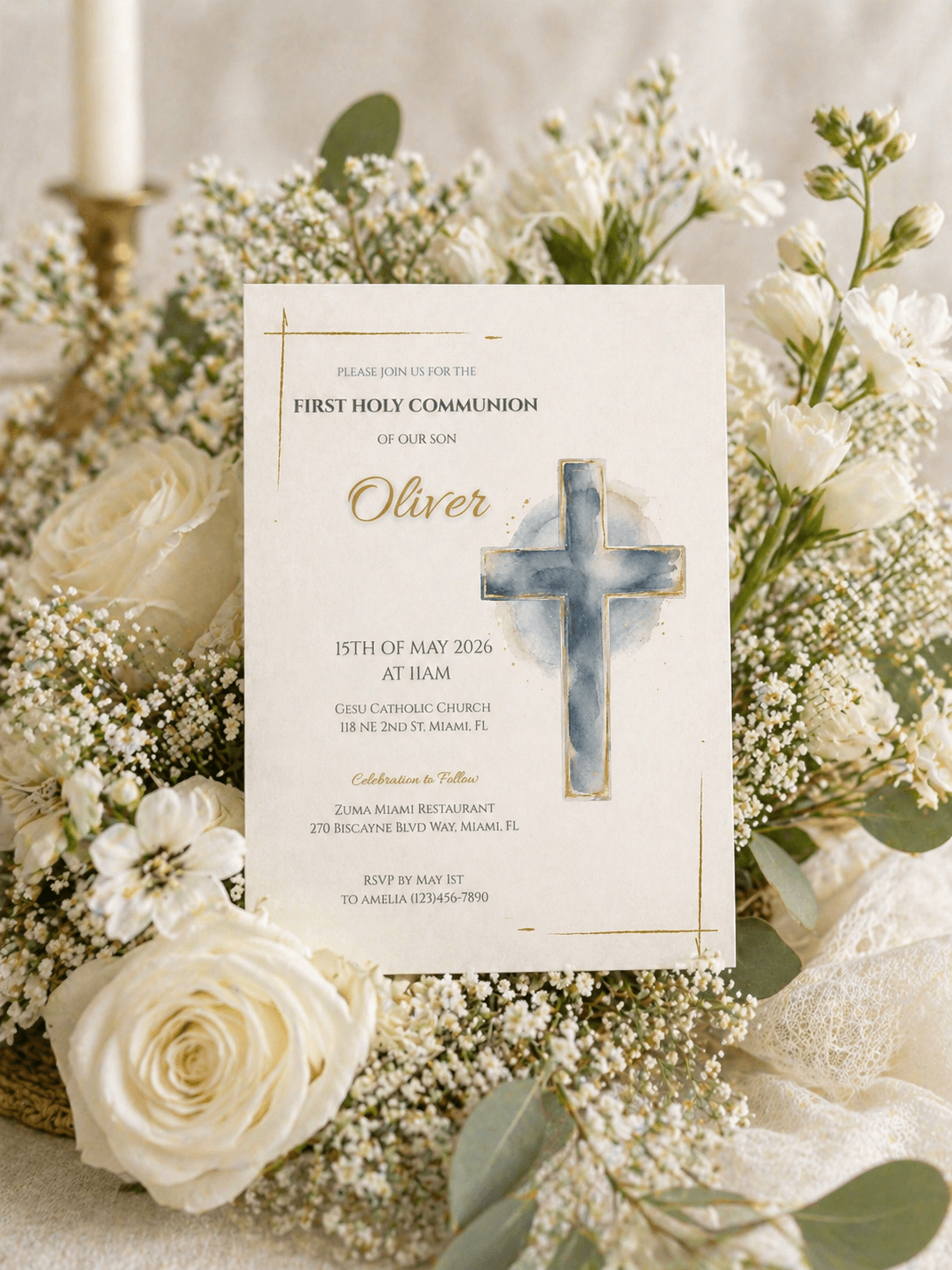 First Communion Invitation Printable featuring a blue cross and floral arrangement for Oliver's holy communion.