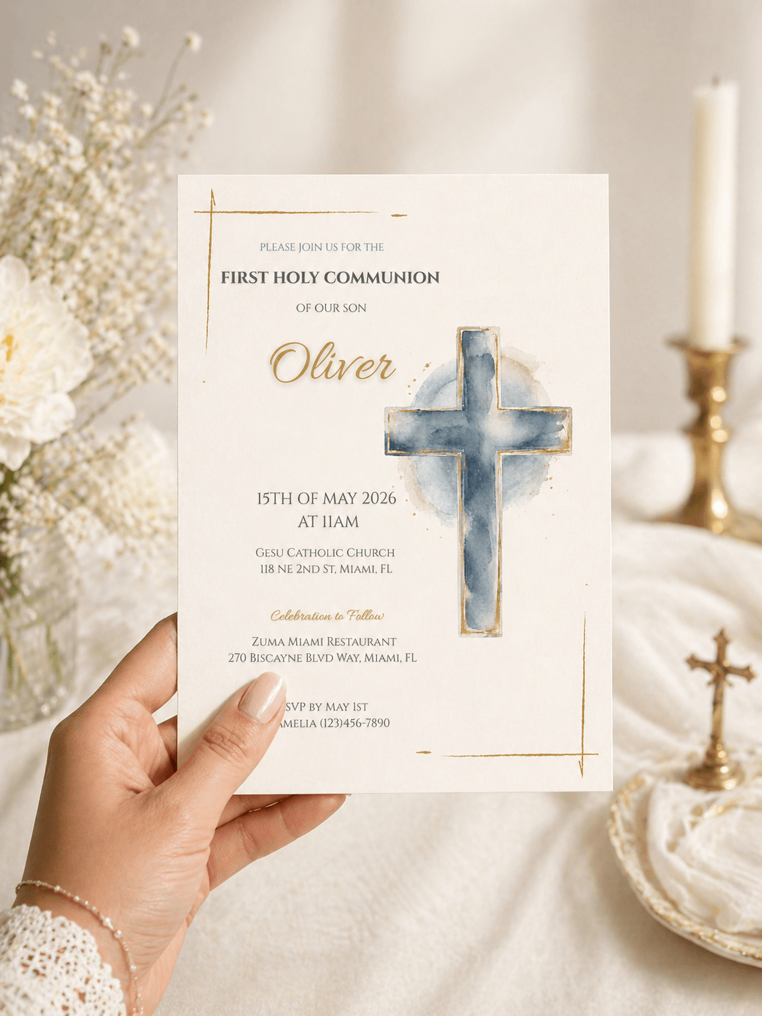 First Communion Invitation Printable featuring a blue cross design for a boy's holy communion.