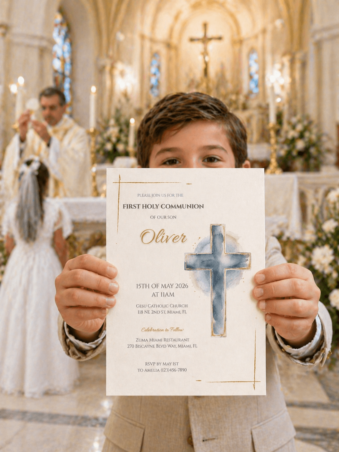 A boy holding a First Communion Invitation Printable during a ceremony in a church with a cross design.