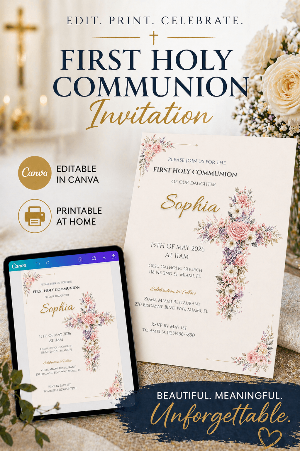 First Communion Invitation Template Editable design featuring floral elements, editable in Canva and printable at home.