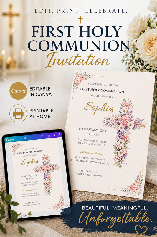 First Communion Invitation Template Editable design featuring floral elements, editable in Canva and printable at home.