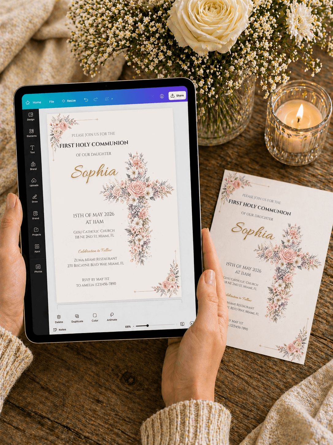 First Communion Invitation Template Editable displayed on a tablet alongside a printed invitation, featuring floral designs.
