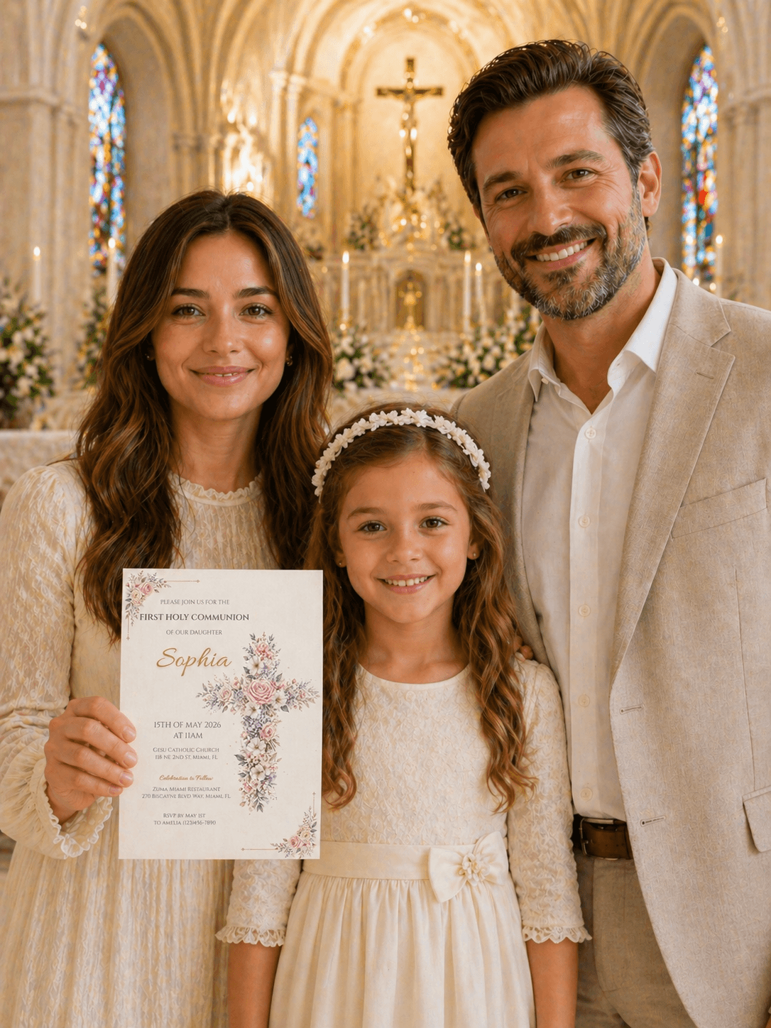 Family holding a First Communion Invitation Template Editable in a church, celebrating a special moment.