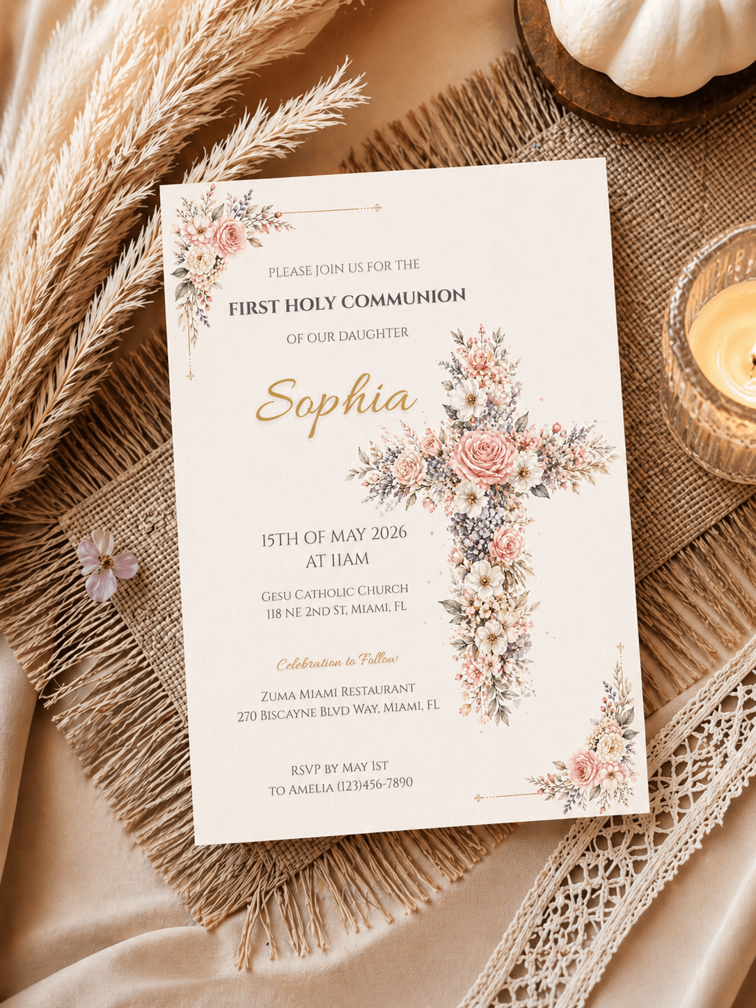 First Communion Invitation Template Editable featuring floral cross design for a girl's first holy communion.