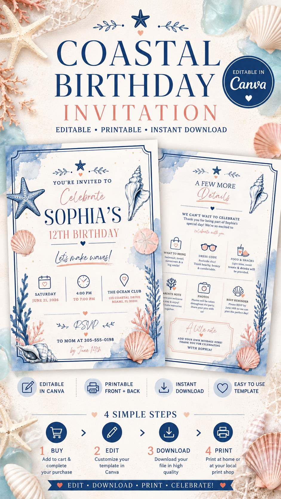 Coastal Birthday Invitation featuring seashells and coral, perfect for beach-themed celebrations, editable in Canva.