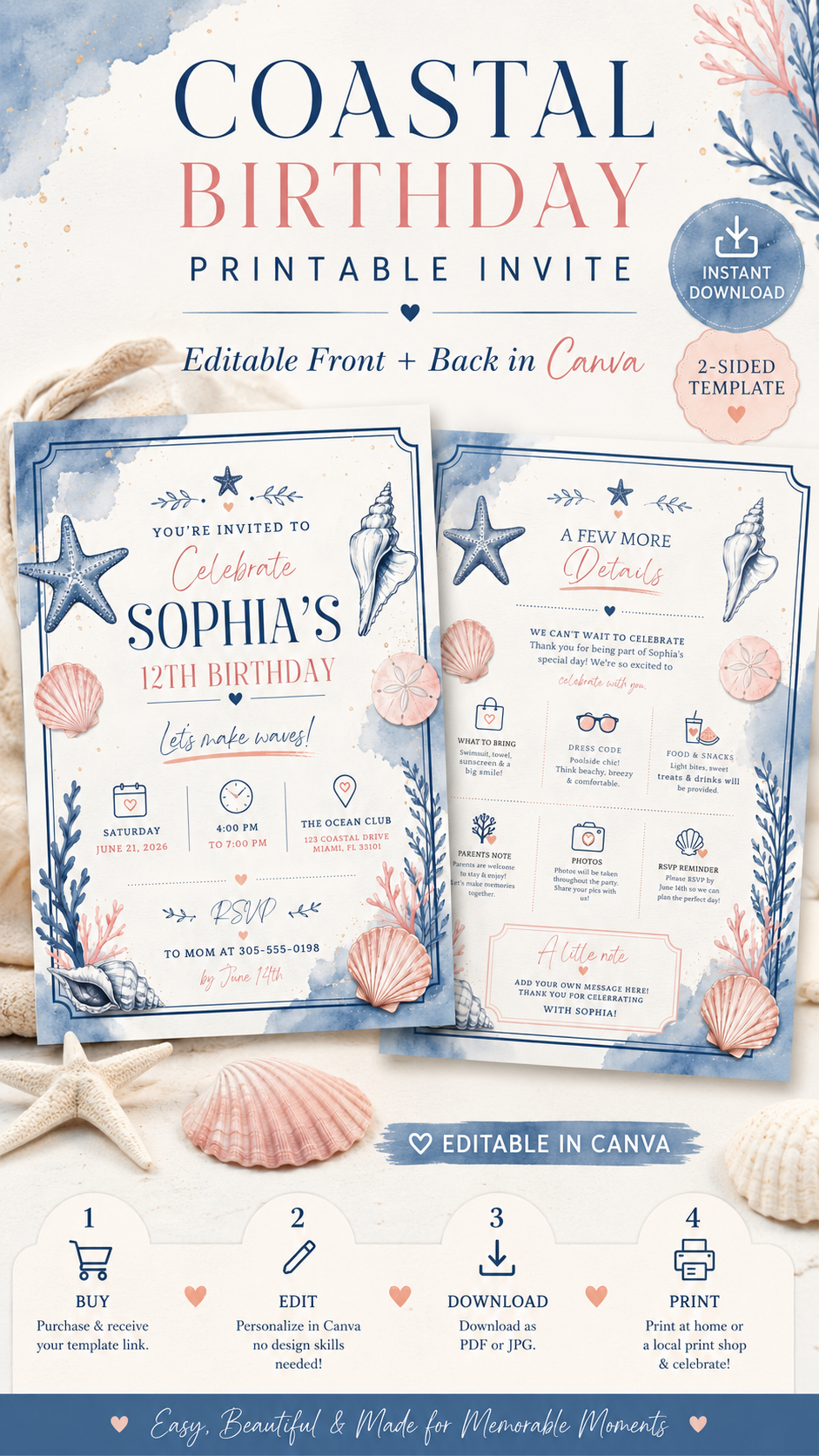Coastal Birthday Invitation featuring watercolor seashells and starfish, editable template for a summer celebration.