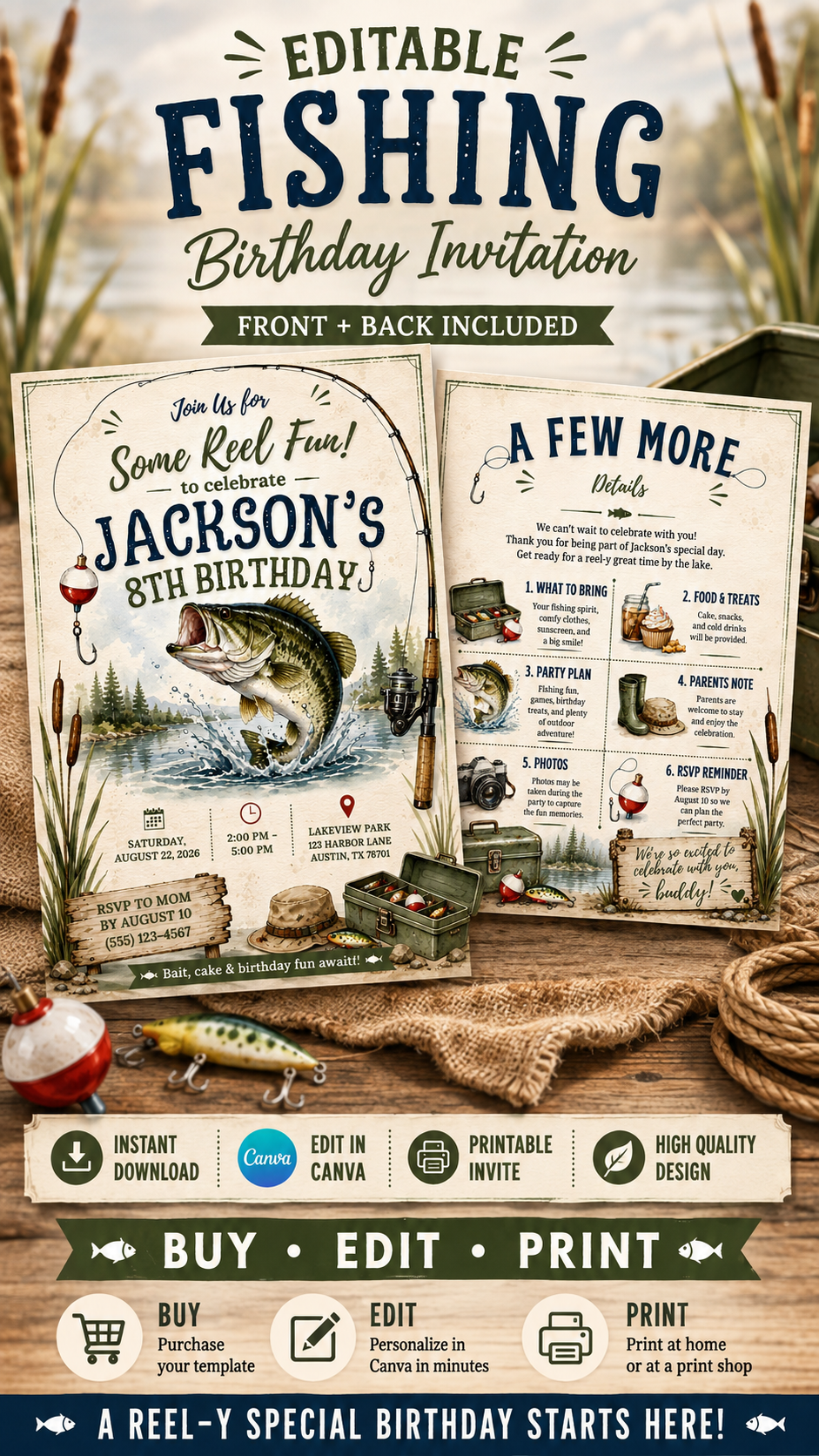 Fishing Birthday Invitation featuring vintage lake design, jumping bass, and fishing gear, perfect for kids' fishing-themed parties.