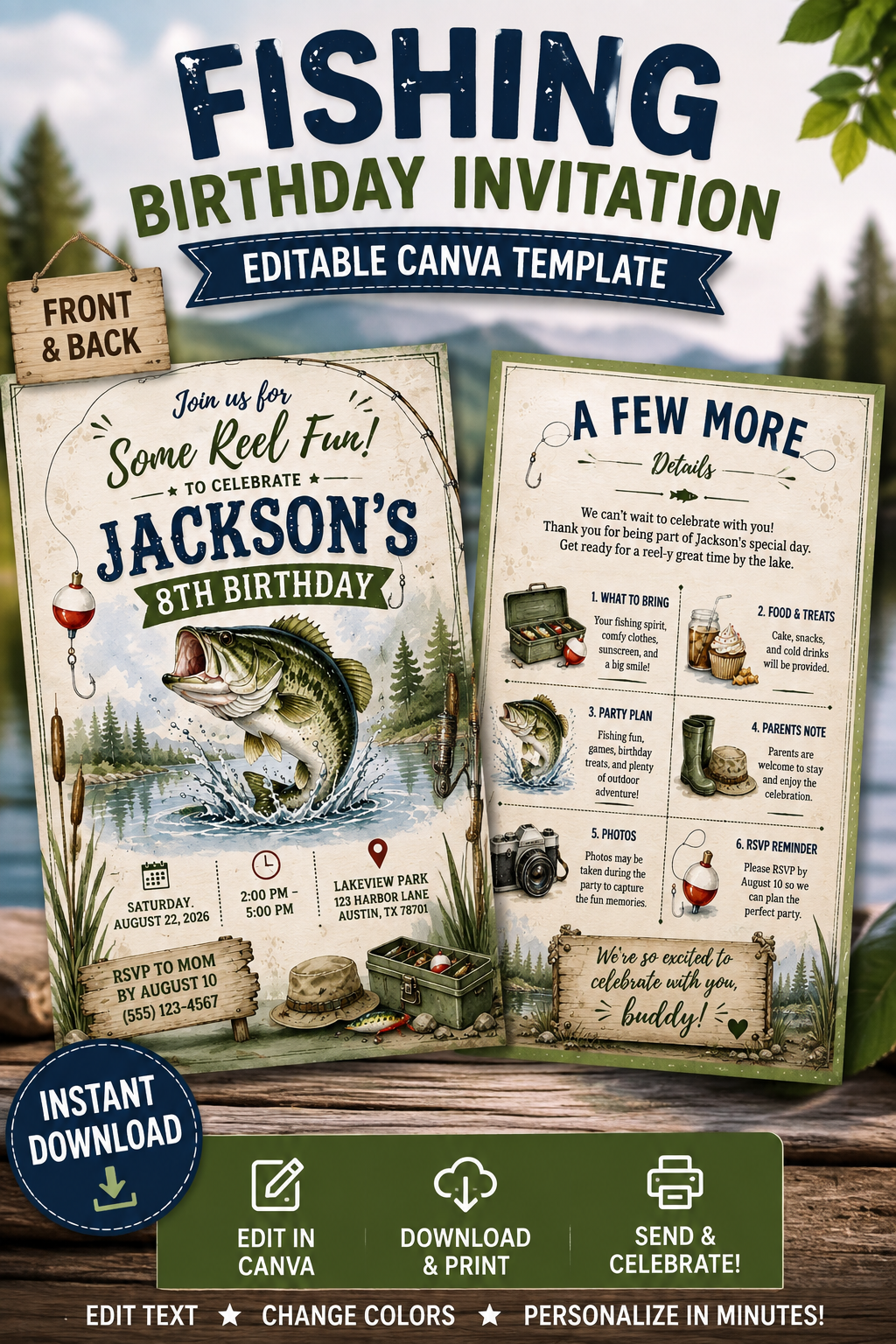 Fishing Birthday Invitation – Editable Canva template with fishing theme features and birthday details.