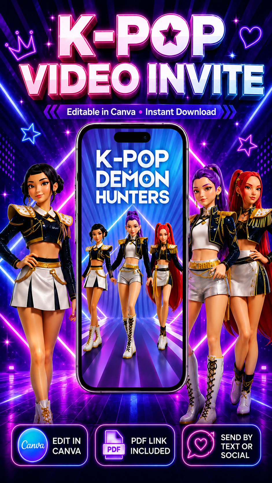 K-pop Demon Hunters Birthday Video Invitation featuring colorful characters and phone display for a vibrant party theme.
