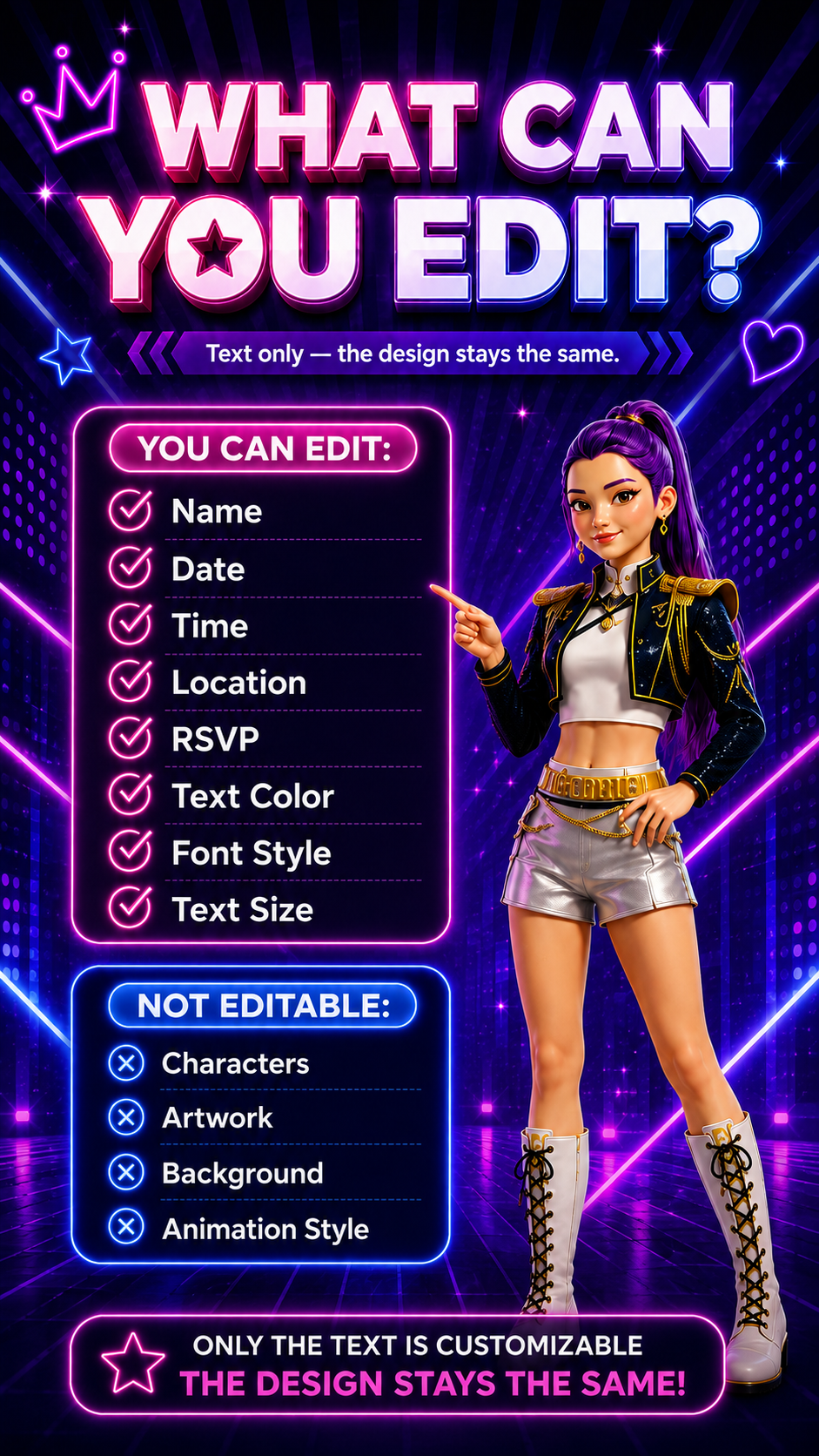 K-pop Demon Hunters Birthday Video Invitation showcasing editable options with vibrant graphics and character.
