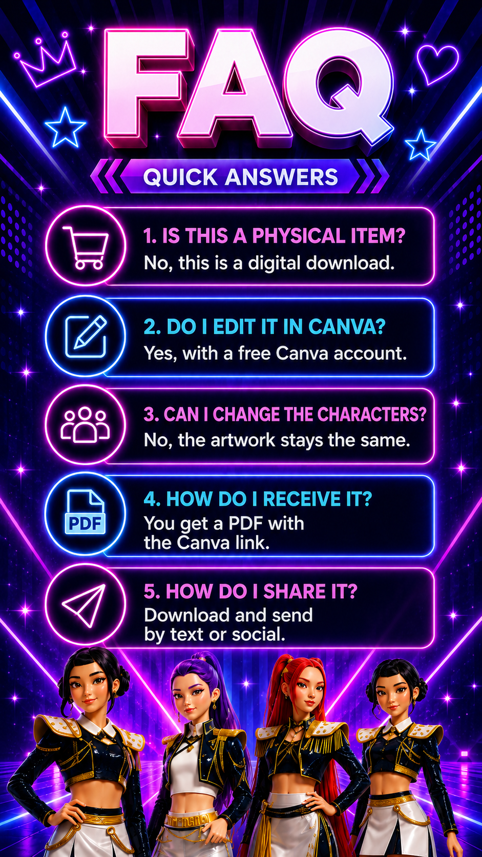 FAQ section for K-pop Demon Hunters Birthday Video Invitation with quick answers on editing and sharing.