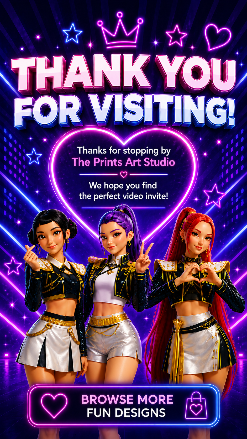K-pop Demon Hunters Birthday Video Invitation featuring three animated characters thanking visitors.