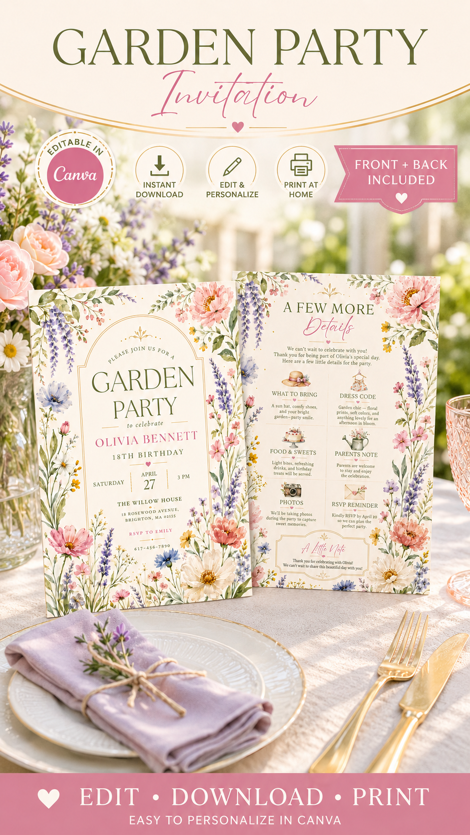 Garden Party Birthday Invitation with watercolor flowers and elegant design for garden celebrations and outdoor parties.