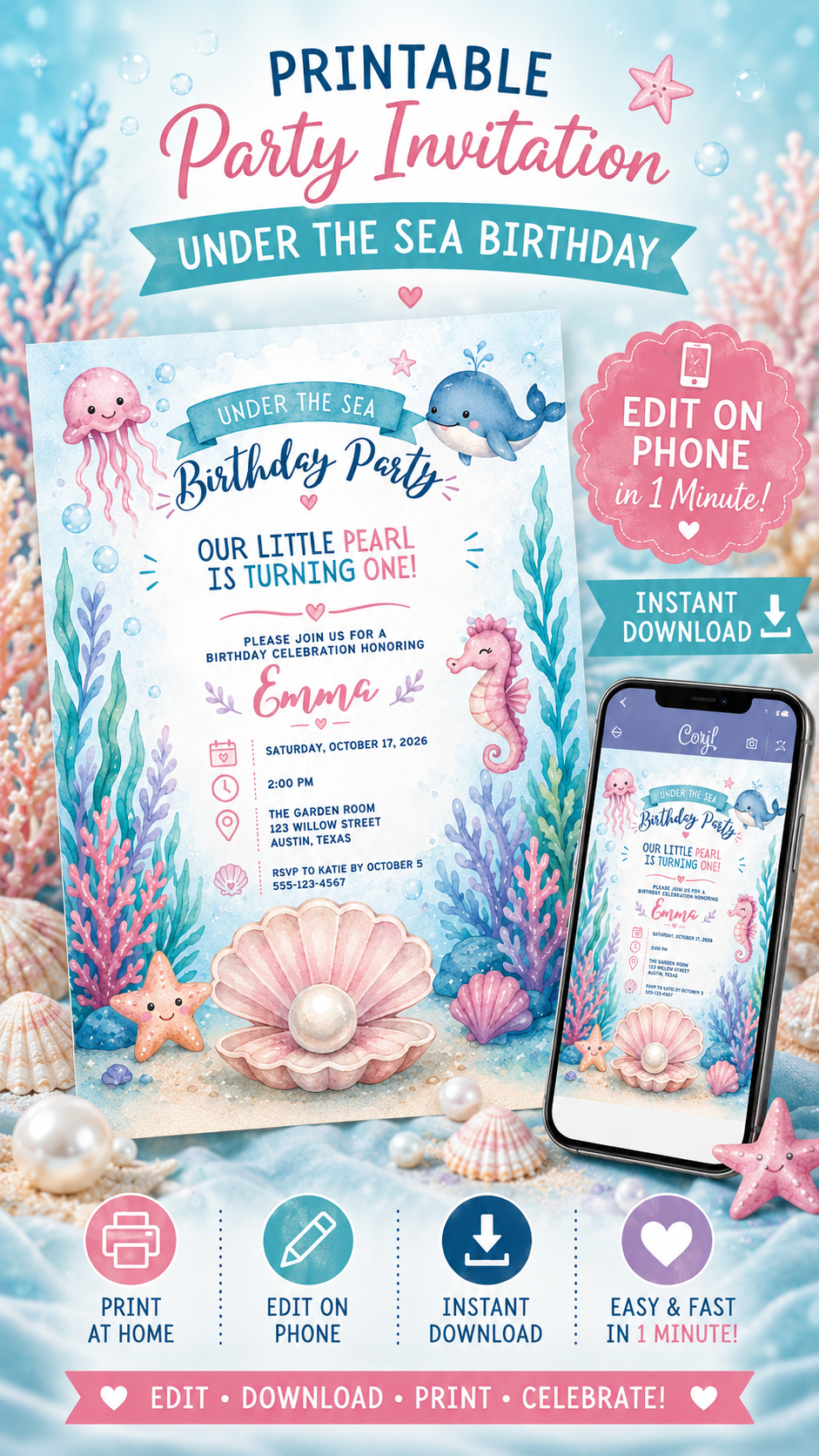 Under the Sea Birthday Invitation featuring colorful sea creatures and details for a one-year-old's party.