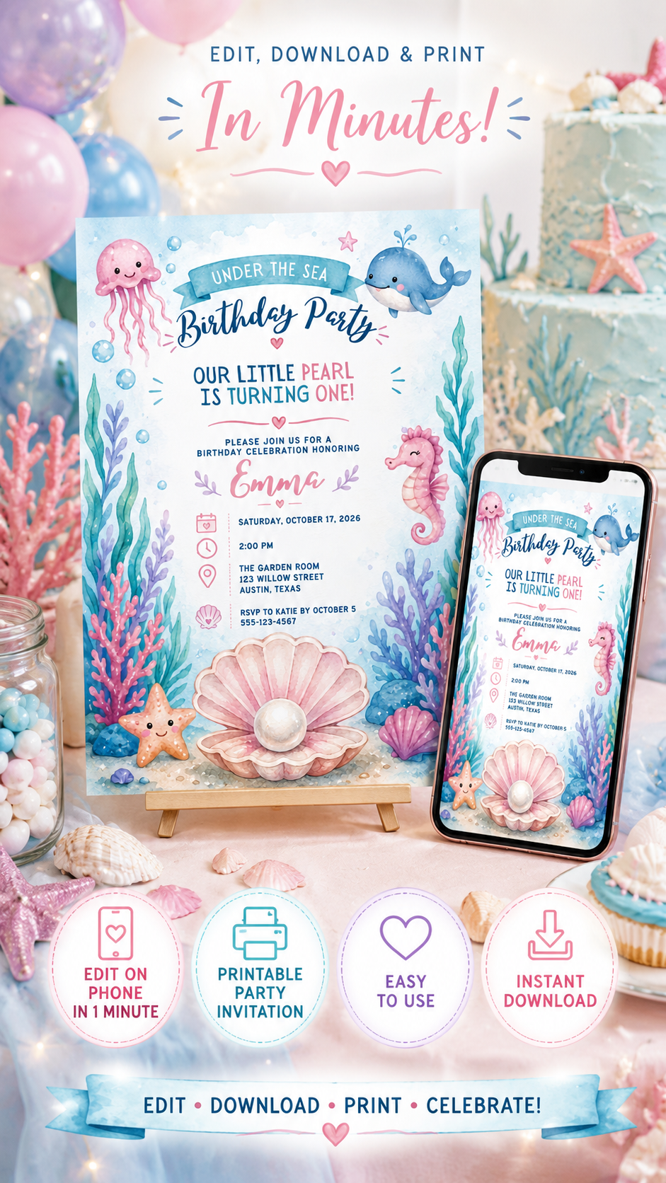 Under the Sea Birthday Invitation featuring colorful sea animals and details, editable Canva template for easy party preparation.