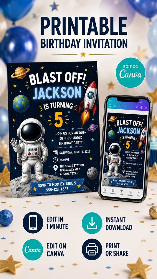 Space Birthday Invitation featuring astronaut, rocket, and planets design, editable in Canva for kids' birthday party.