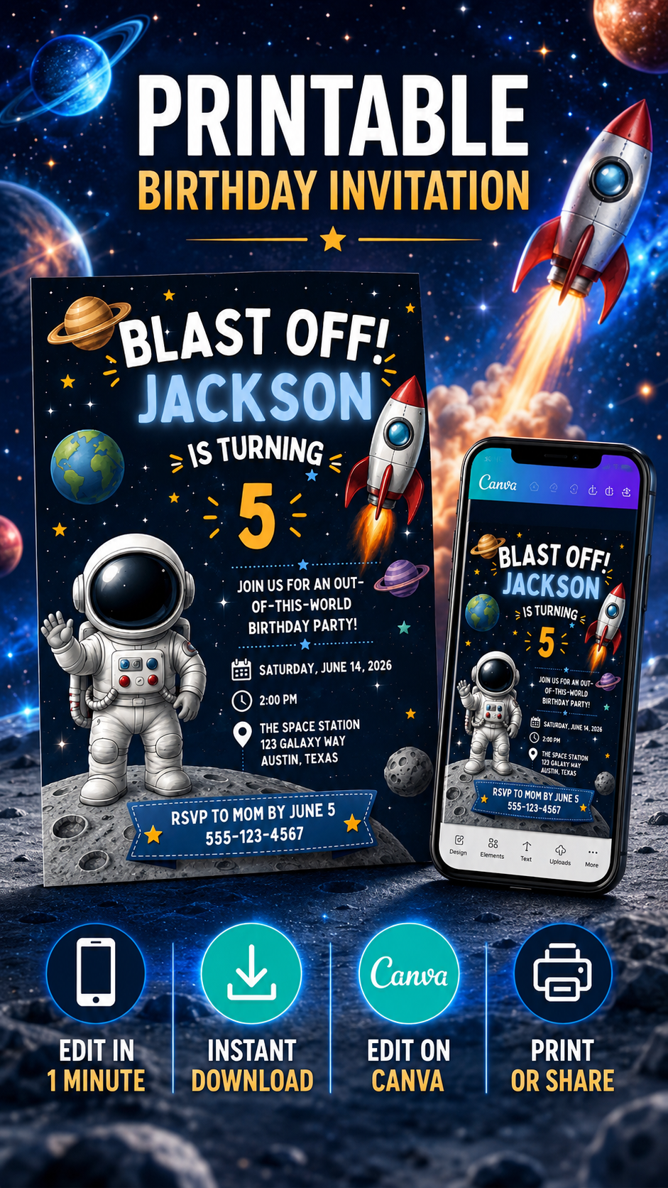Space Birthday Invitation featuring astronaut, rocket, and planets with "Blast Off!" design in a galaxy background.