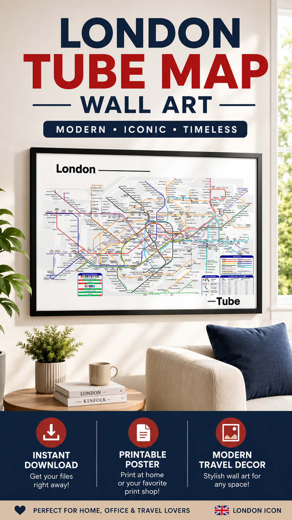 London Tube Map Print showcasing modern wall art in a stylish interior setting.