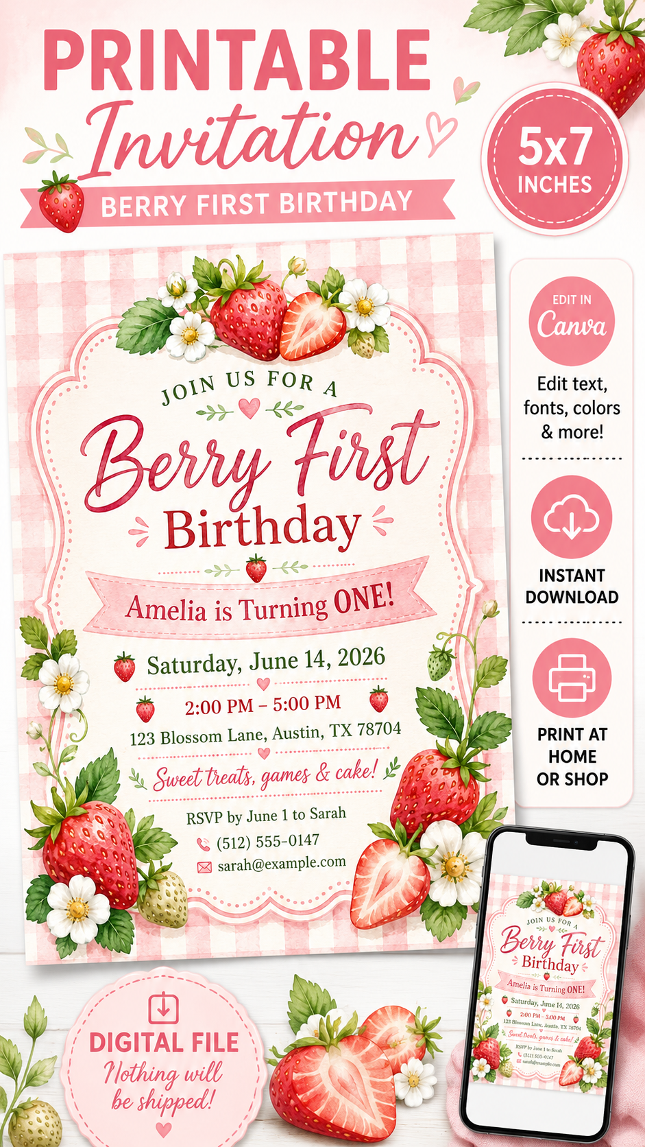 Berry First Birthday Invitation featuring watercolor strawberries and pink gingham design for a cheerful celebration.