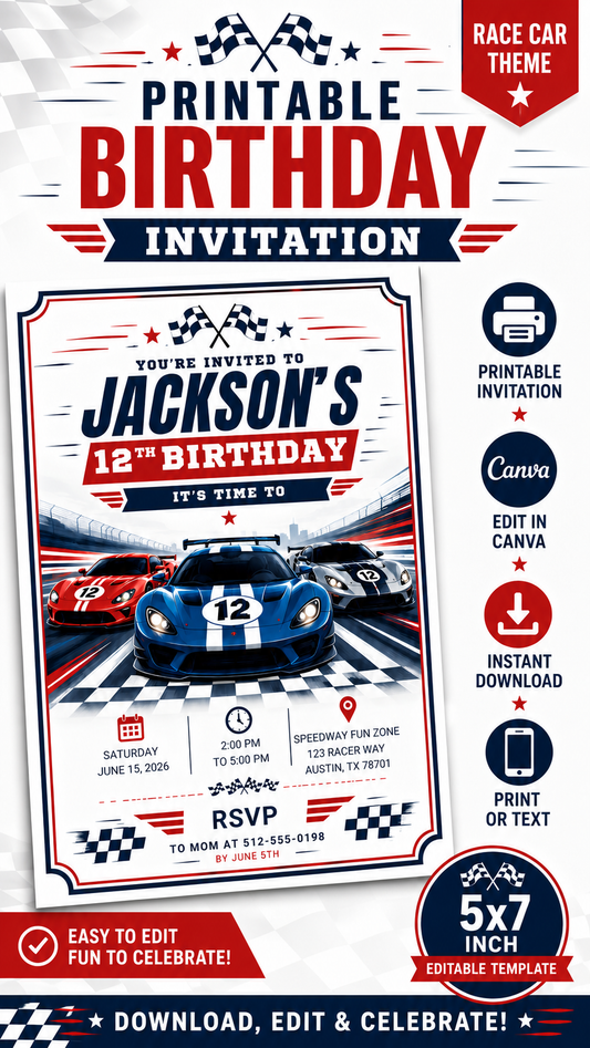Race Car Birthday Invitation – Editable Canva Template featuring colorful racing cars and checkered flags.