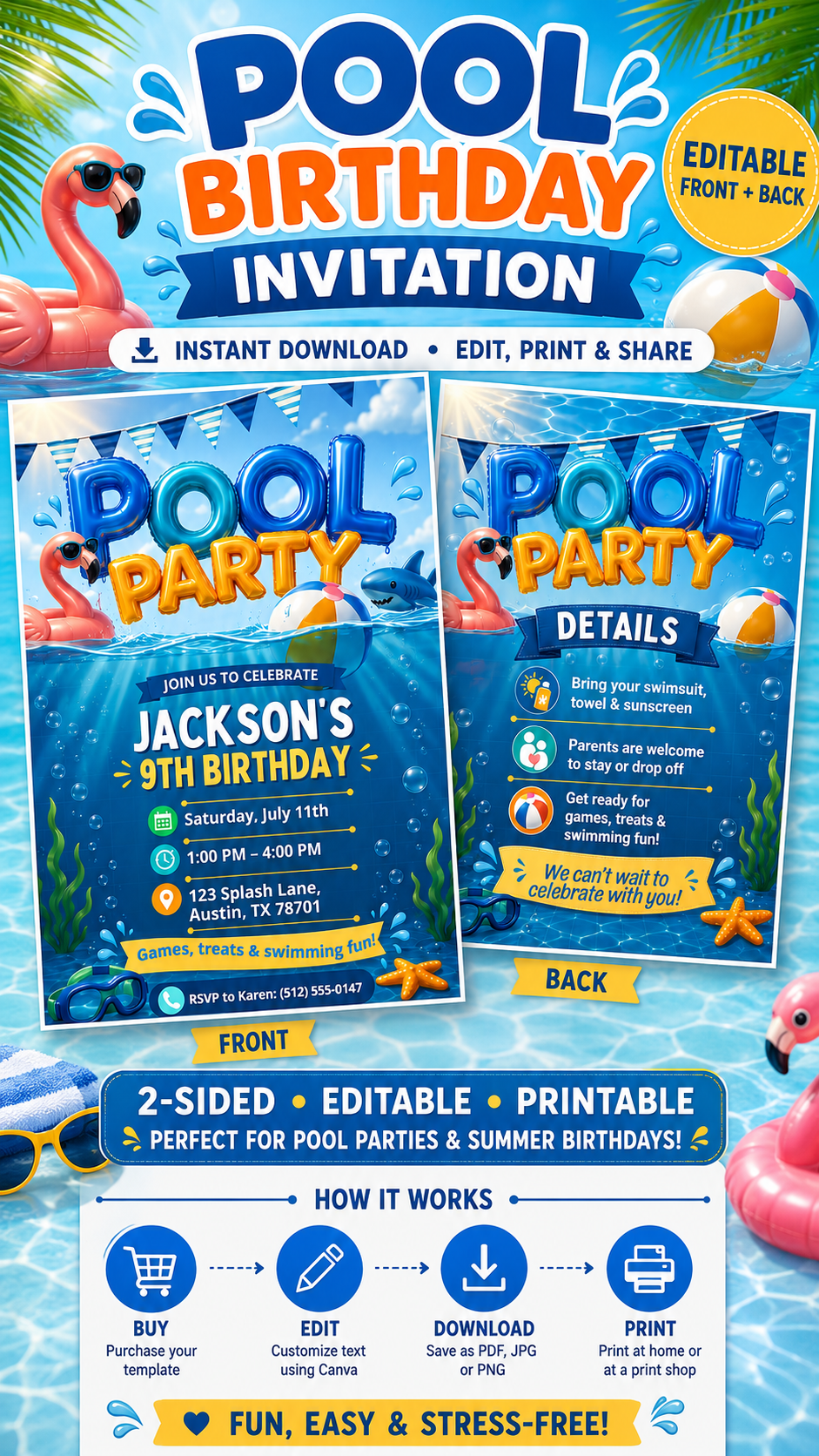 Pool Party Birthday Invitation featuring bright colors, flamingos, and pool party details for a fun summer celebration.