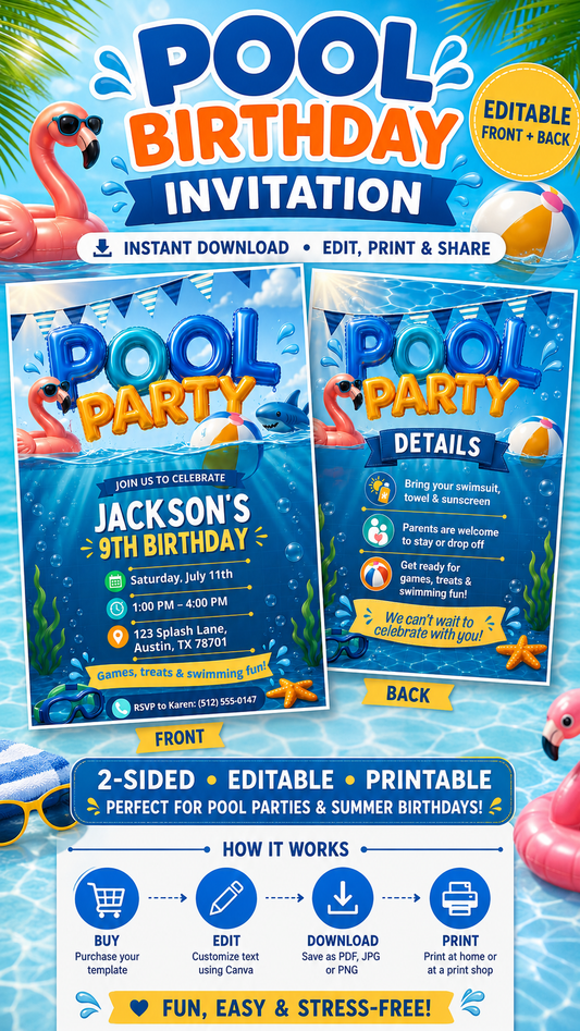 Pool Party Birthday Invitation featuring bright colors, flamingos, and pool party details for a fun summer celebration.
