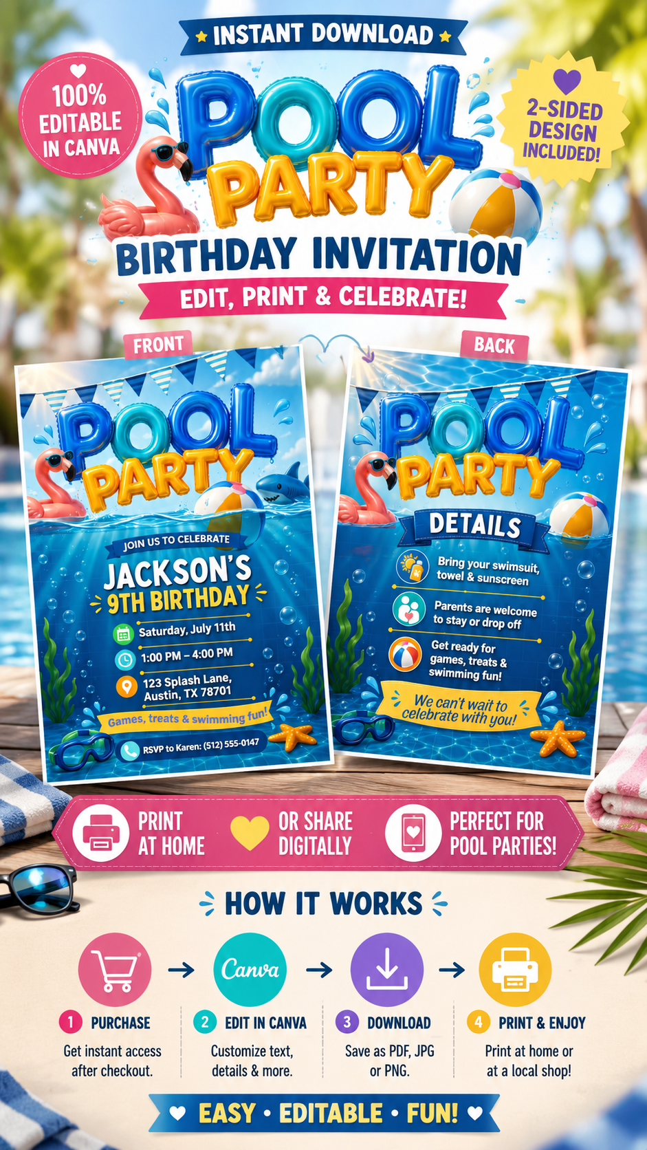 Pool Party Birthday Invitation – bright editable Canva template with fun summer elements like flamingo float and beach ball.
