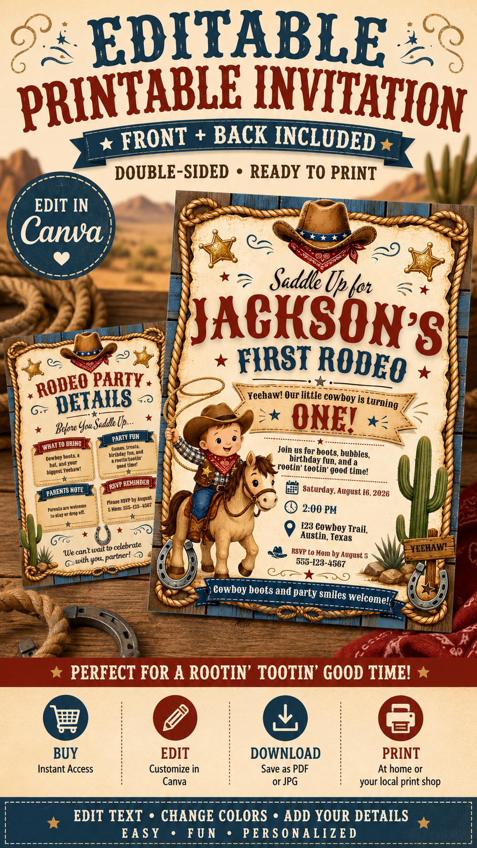 Western Birthday Invitation featuring cowboy theme, editable Canva template for child's first rodeo party.