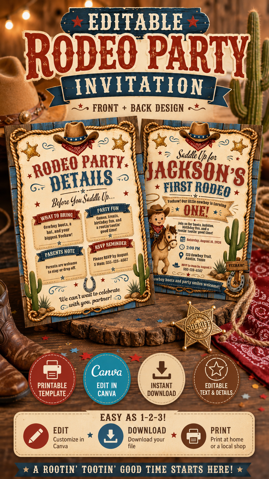 Editable front and back Western Birthday Invitation template for a cowboy-themed first rodeo party.