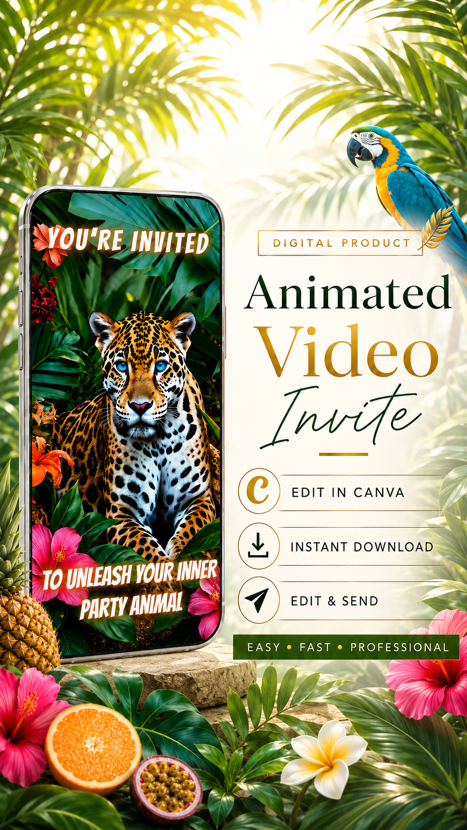 Leopard Birthday Video Invitation featuring a blue-eyed leopard in a tropical jungle setting with vibrant flowers.