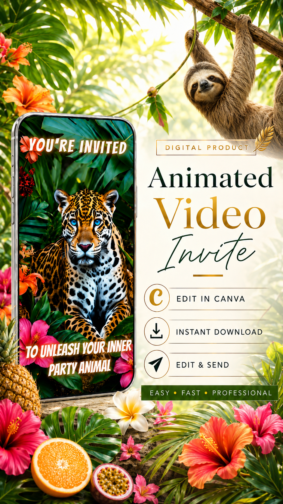 Leopard Birthday Video Invitation animated video invite with jungle and tropical theme for a vibrant birthday celebration.