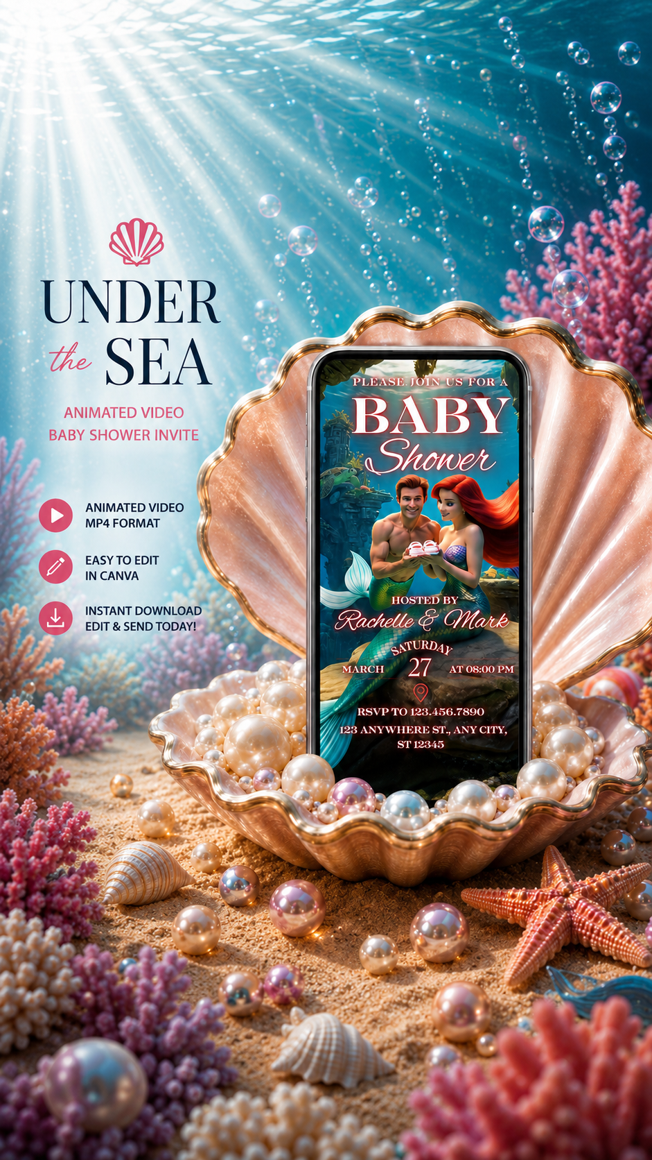 Mermaid Baby Shower Video Invitation featuring a phone in a seashell surrounded by coral and pearls, undersea theme.