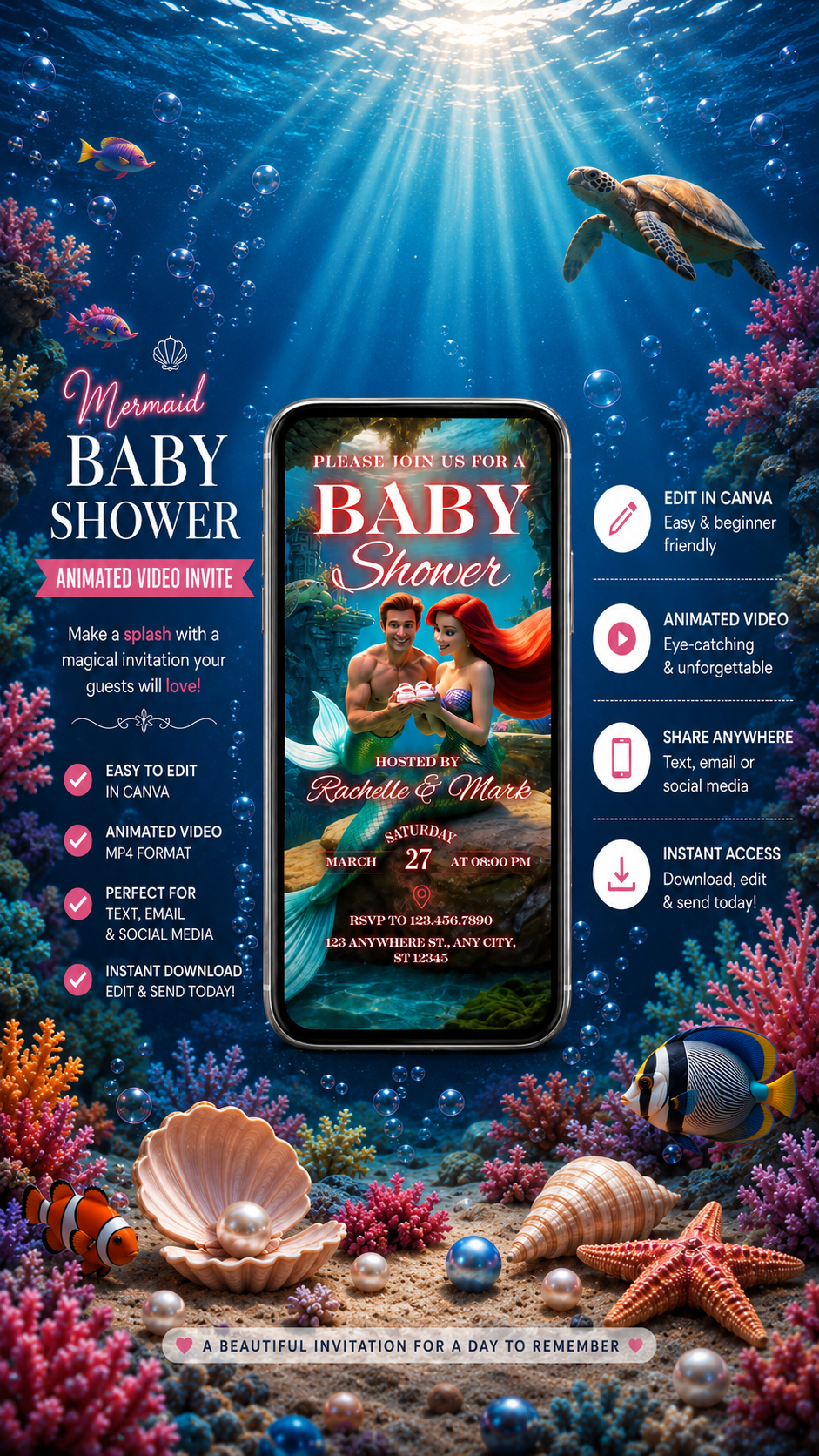 Mermaid Baby Shower Video Invitation featuring an animated invite with underwater themes and coral decorations.