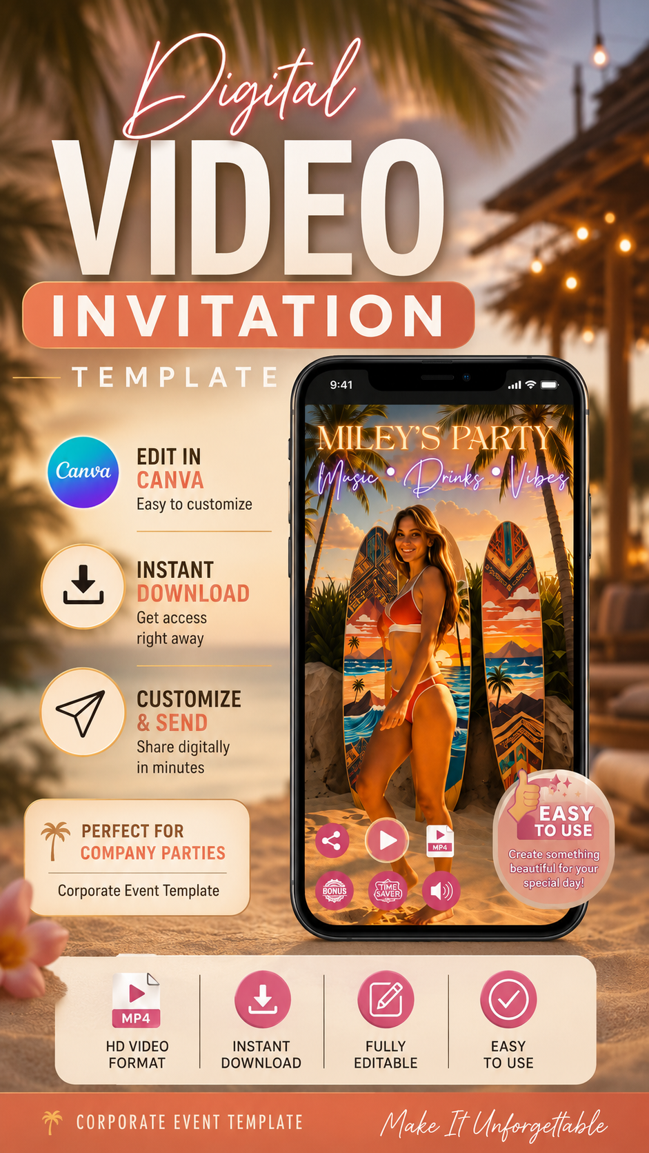 Event video invitation template for customizable digital invitations featuring a smartphone design.