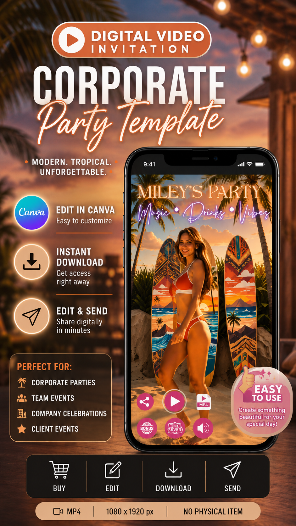 event video invitation template for a corporate party, featuring tropical design and editable Canva elements.